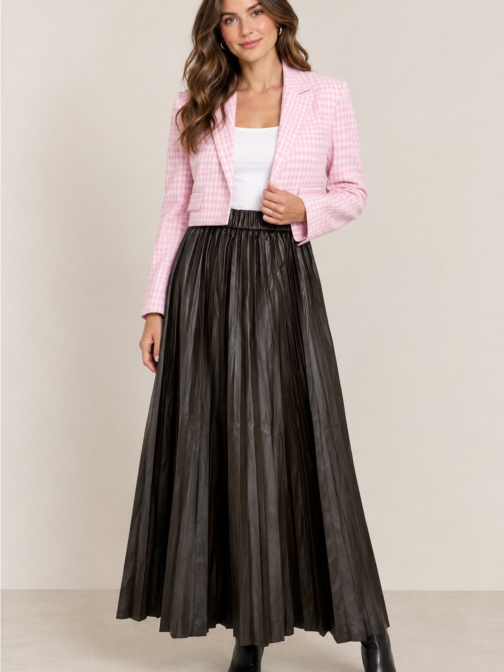 Dark Brown Pleated Maxi Faux-Leather Skirt - Women